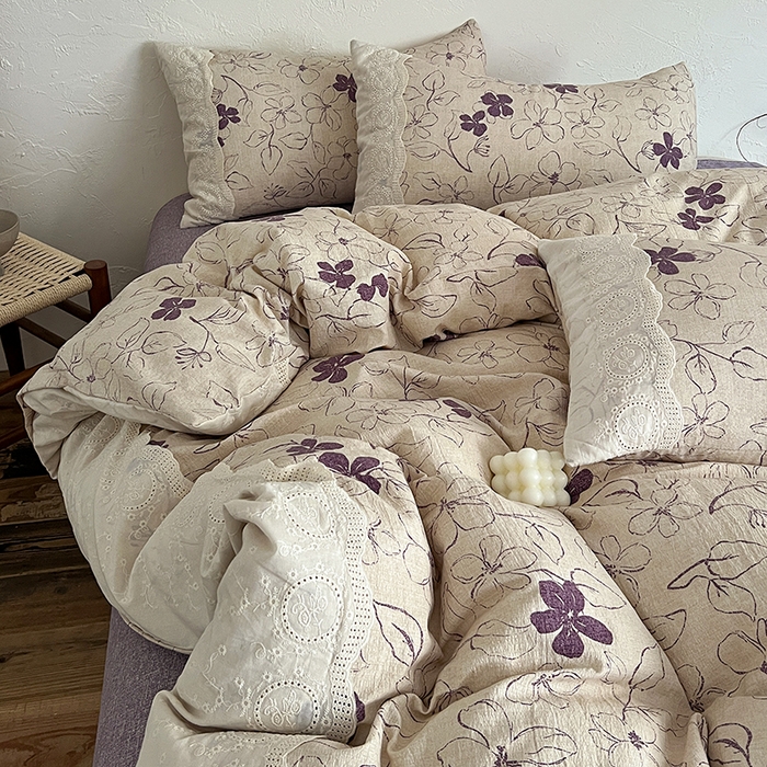 91家纺网 家纺一手货源 找家纺 梦纤绒 2025秋冬新品A类高克重亚麻复古全棉花边侘寂风原麻系列约定紫