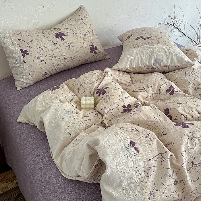 91家纺网 家纺一手货源 找家纺 梦纤绒 2025秋冬新品A类高克重亚麻复古全棉花边侘寂风原麻系列约定紫