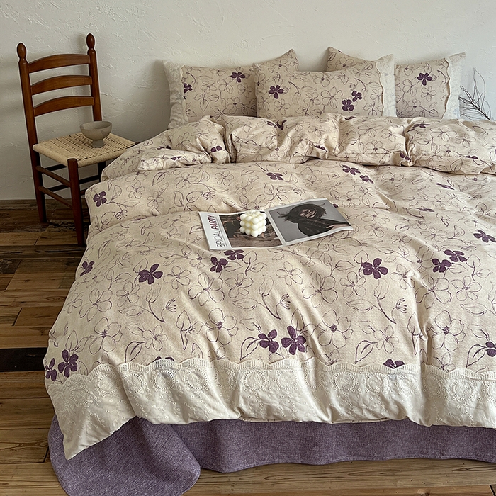 91家纺网 家纺一手货源 找家纺 梦纤绒 2025秋冬新品A类高克重亚麻复古全棉花边侘寂风原麻系列约定紫