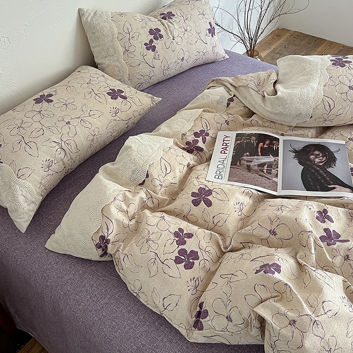 91家纺网 家纺一手货源 找家纺 梦纤绒 2025秋冬新品A类高克重亚麻复古全棉花边侘寂风原麻系列约定紫