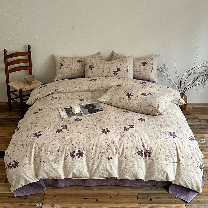 91家纺网 家纺一手货源 找家纺 梦纤绒 2025秋冬新品A类高克重亚麻复古全棉花边侘寂风原麻系列约定紫