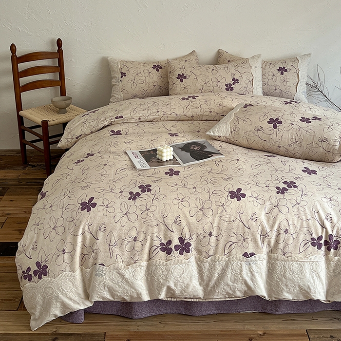 91家纺网 家纺一手货源 找家纺 梦纤绒 2025秋冬新品A类高克重亚麻复古全棉花边侘寂风原麻系列约定紫