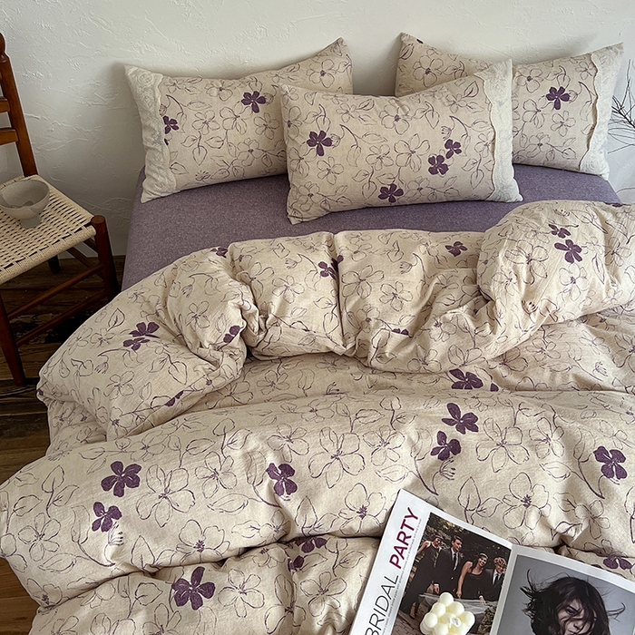 91家纺网 家纺一手货源 找家纺 梦纤绒 2025秋冬新品A类高克重亚麻复古全棉花边侘寂风原麻系列约定紫