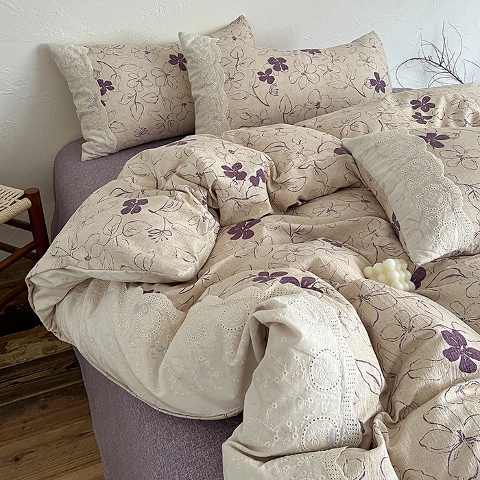 91家纺网 家纺一手货源 找家纺 梦纤绒 2025秋冬新品A类高克重亚麻复古全棉花边侘寂风原麻系列约定紫