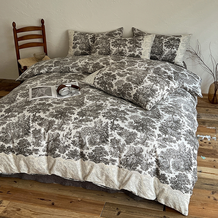 91家纺网 家纺一手货源 找家纺 梦纤绒 2025秋冬新品A类高克重亚麻复古全棉花边侘寂风原麻系列墨染江南