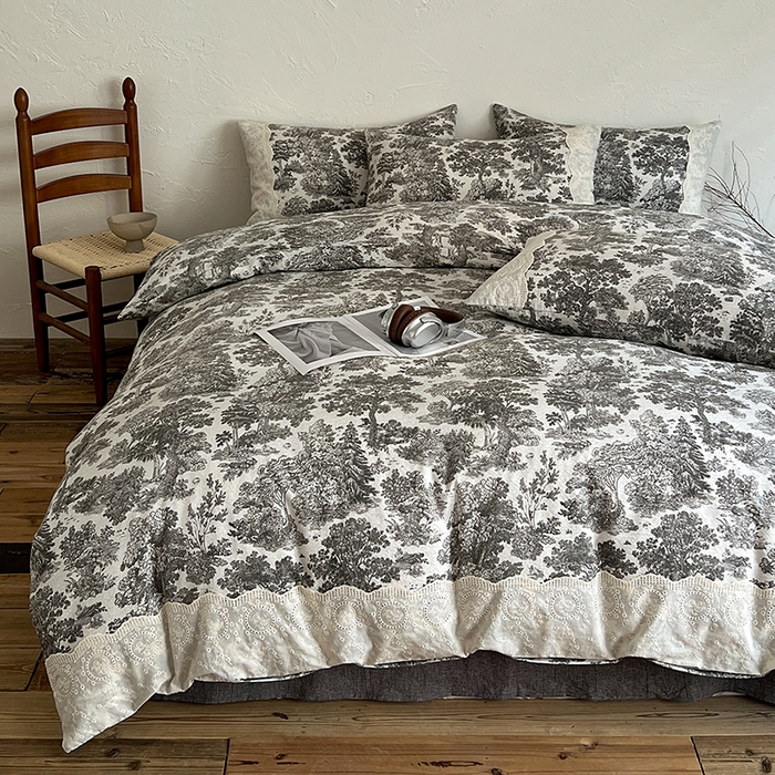 91家纺网 家纺一手货源 找家纺 梦纤绒 2025秋冬新品A类高克重亚麻复古全棉花边侘寂风原麻系列墨染江南