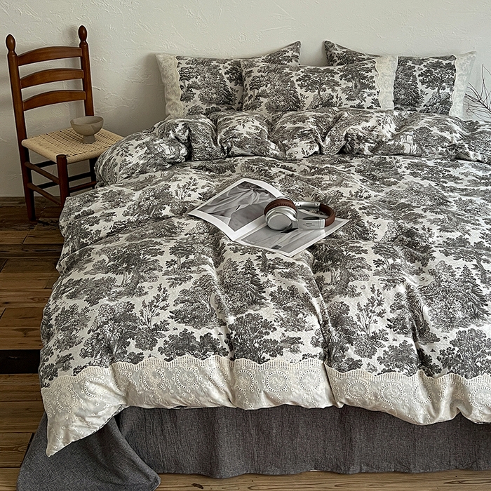 91家纺网 家纺一手货源 找家纺 梦纤绒 2025秋冬新品A类高克重亚麻复古全棉花边侘寂风原麻系列墨染江南