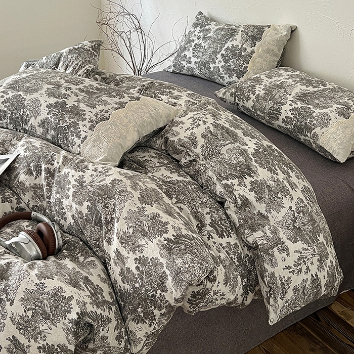 91家纺网 家纺一手货源 找家纺 梦纤绒 2025秋冬新品A类高克重亚麻复古全棉花边侘寂风原麻系列墨染江南