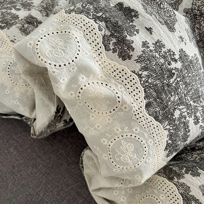 91家纺网 家纺一手货源 找家纺 梦纤绒 2025秋冬新品A类高克重亚麻复古全棉花边侘寂风原麻系列墨染江南