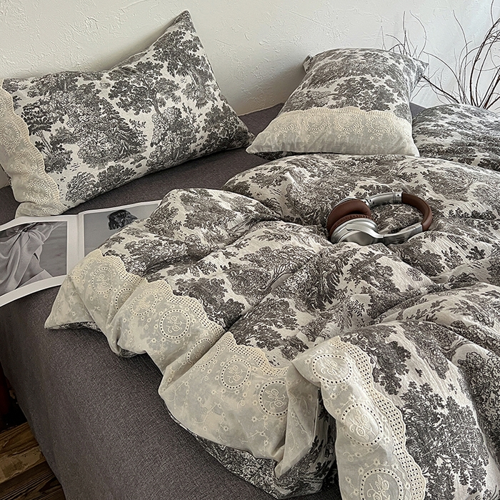 91家纺网 家纺一手货源 找家纺 梦纤绒 2025秋冬新品A类高克重亚麻复古全棉花边侘寂风原麻系列墨染江南