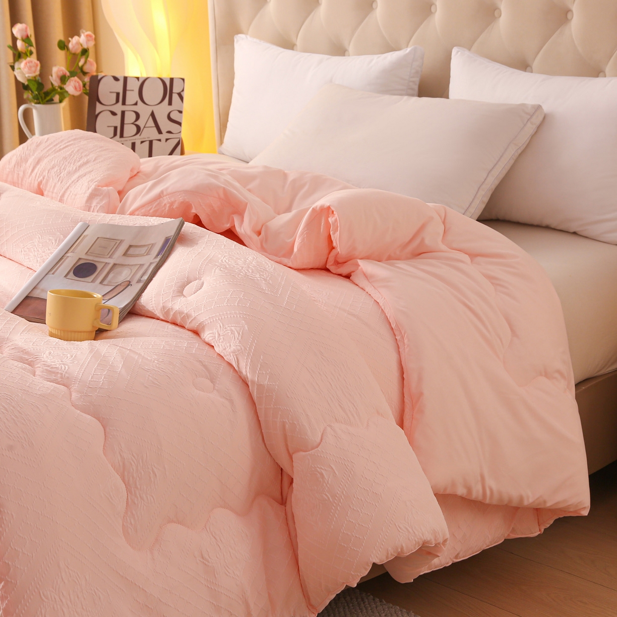 91家纺网 家纺一手货源 找家纺 首爱家纺 2025新款A类针织提花羊毛被冬被被子被芯 针织提花-粉色