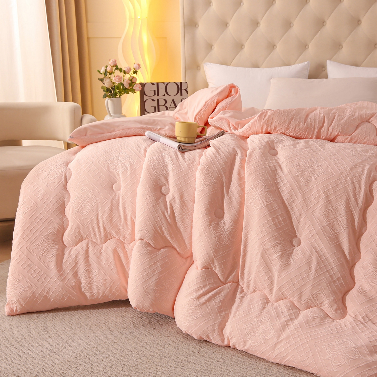 91家纺网 家纺一手货源 找家纺 首爱家纺 2025新款A类针织提花羊毛被冬被被子被芯 针织提花-粉色