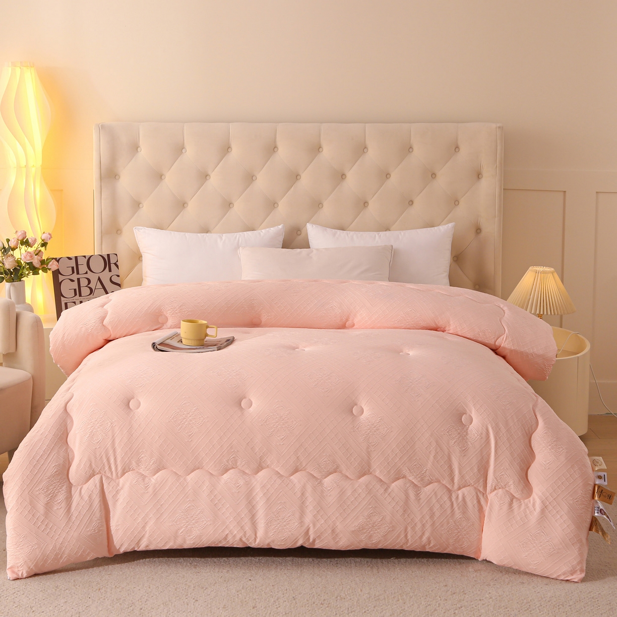 91家纺网 家纺一手货源 找家纺 首爱家纺 2025新款A类针织提花羊毛被冬被被子被芯 针织提花-粉色