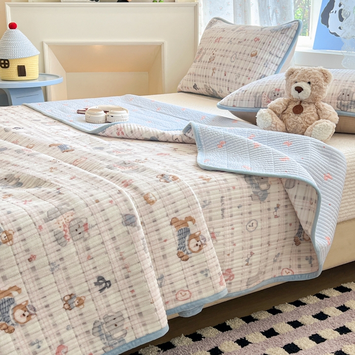 91家纺网 家纺一手货源 找家纺 茉夕家纺 2025新款2025跑量双层纱牛奶绒印花床盖 床盖单件 彩点小象