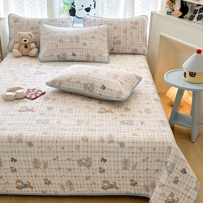 91家纺网 家纺一手货源 找家纺 茉夕家纺 2025新款2025跑量双层纱牛奶绒印花床盖 床盖单件 彩点小象