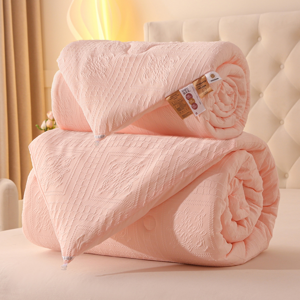 91家纺网 家纺一手货源 找家纺 棉乐町家居 2025新款A类针织提花进口羊毛子母被被子被芯 针织提花-粉色