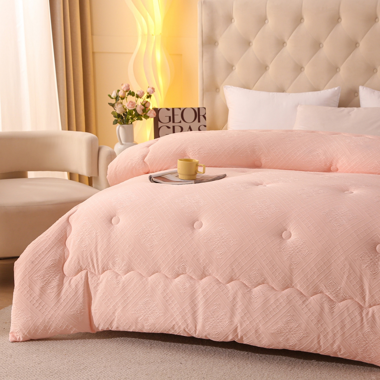 91家纺网 家纺一手货源 找家纺 棉乐町家居 2025新款A类针织提花羊毛被冬被被子被芯 针织提花-粉色