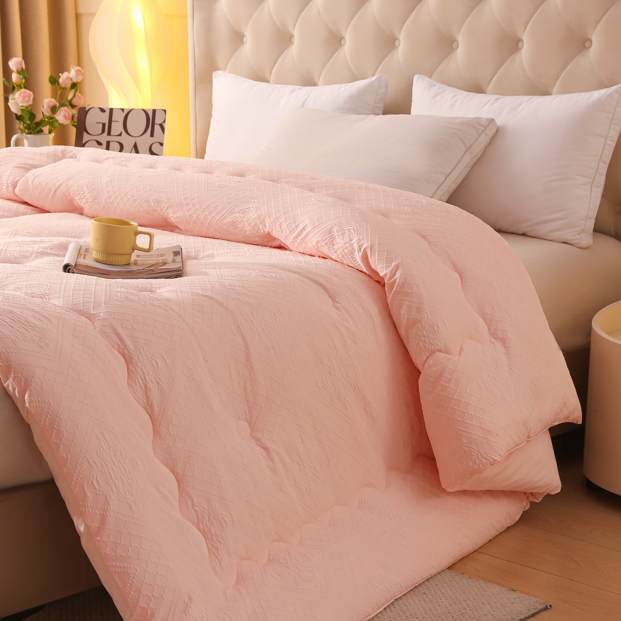 91家纺网 家纺一手货源 找家纺 棉乐町家居 2025新款A类针织提花羊毛被冬被被子被芯 针织提花-粉色