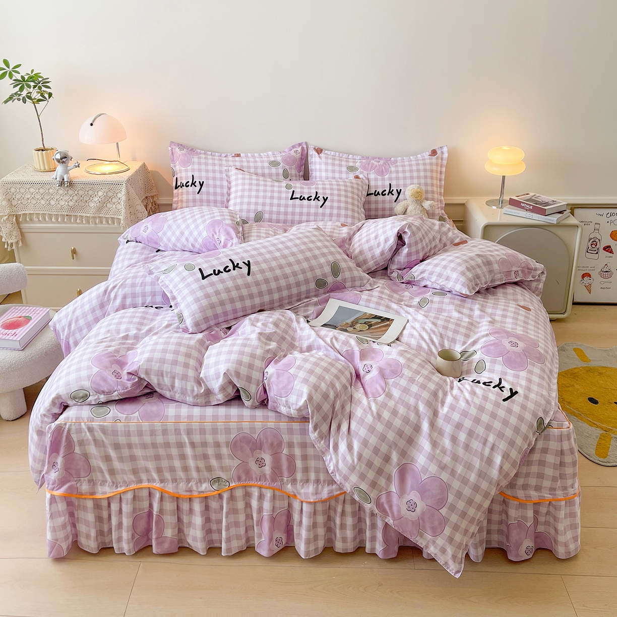 91家纺网 家纺一手货源 找家纺 （总）笠裙家纺 2025新款A类水洗棉韩版S边花边印花床裙四件套