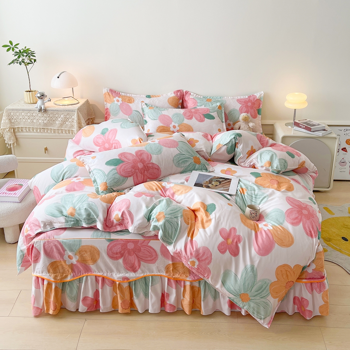 91家纺网 家纺一手货源 找家纺 （总）笠裙家纺 2025新款A类水洗棉韩版S边花边印花床裙四件套