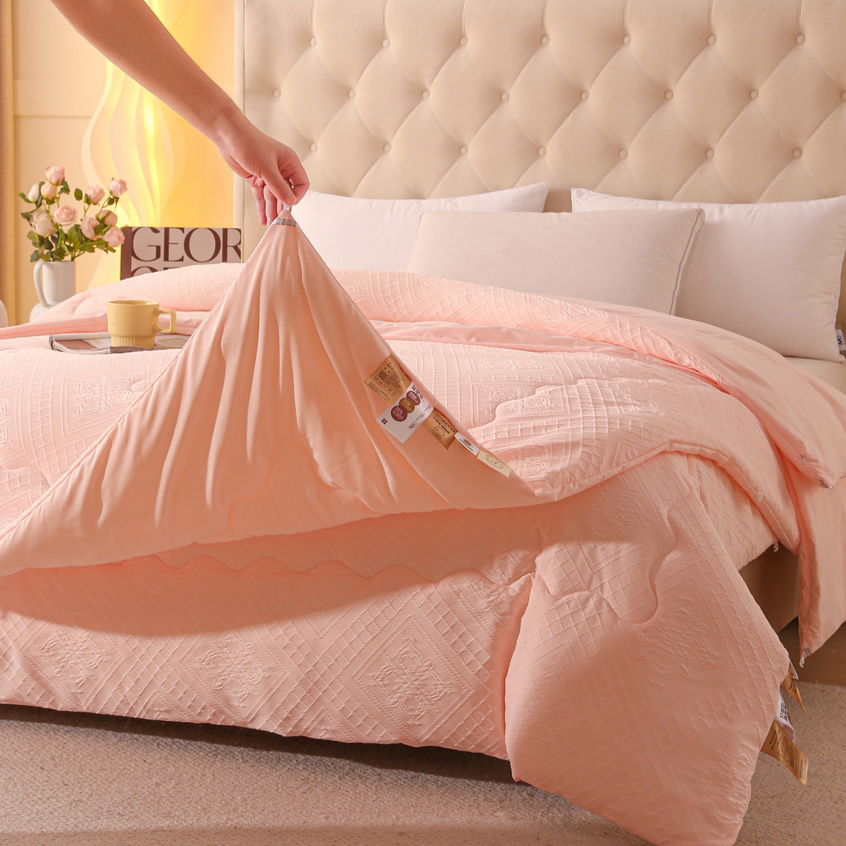 91家纺网 家纺一手货源 找家纺 金泰莱 2025新款A类针织提花进口羊毛子母被被子被芯 针织提花-粉色