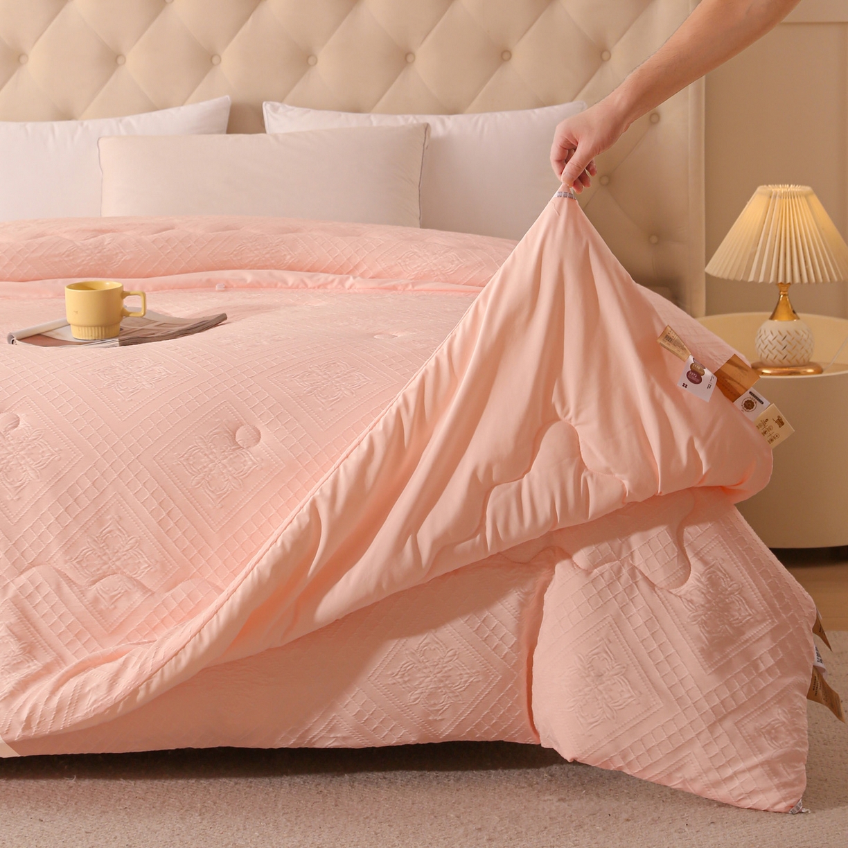 91家纺网 家纺一手货源 找家纺 金泰莱 2025新款A类针织提花进口羊毛子母被被子被芯 针织提花-粉色