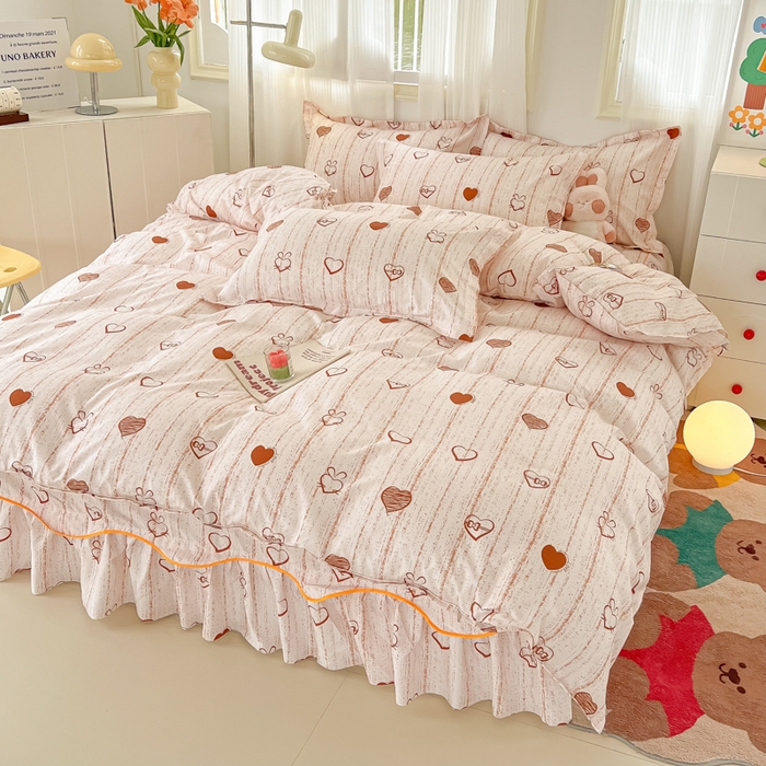 91家纺网 家纺一手货源 找家纺 笠裙家纺 2025新款A类水洗棉韩版S边花边印花床裙四件套 爱心蝴蝶结