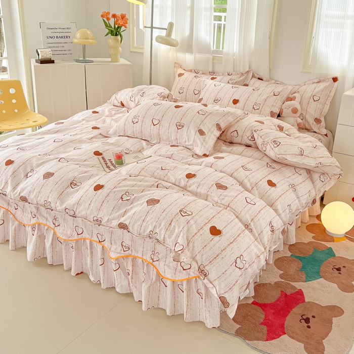 91家纺网 家纺一手货源 找家纺 笠裙家纺 2025新款A类水洗棉韩版S边花边印花床裙四件套 爱心蝴蝶结