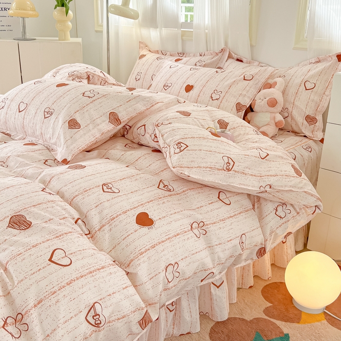 91家纺网 家纺一手货源 找家纺 笠裙家纺 2025新款A类水洗棉韩版S边花边印花床裙四件套 爱心蝴蝶结