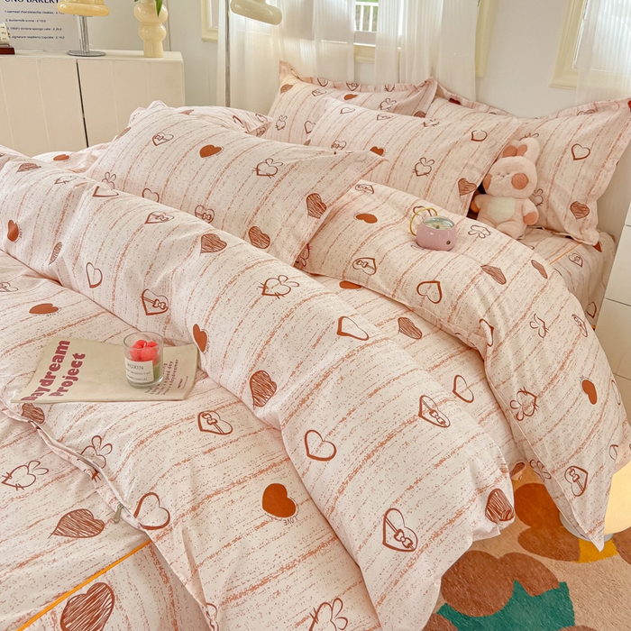 91家纺网 家纺一手货源 找家纺 笠裙家纺 2025新款A类水洗棉韩版S边花边印花床裙四件套 爱心蝴蝶结