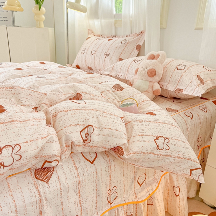 91家纺网 家纺一手货源 找家纺 笠裙家纺 2025新款A类水洗棉韩版S边花边印花床裙四件套 爱心蝴蝶结