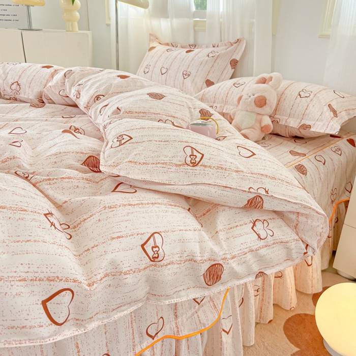 91家纺网 家纺一手货源 找家纺 笠裙家纺 2025新款A类水洗棉韩版S边花边印花床裙四件套 爱心蝴蝶结