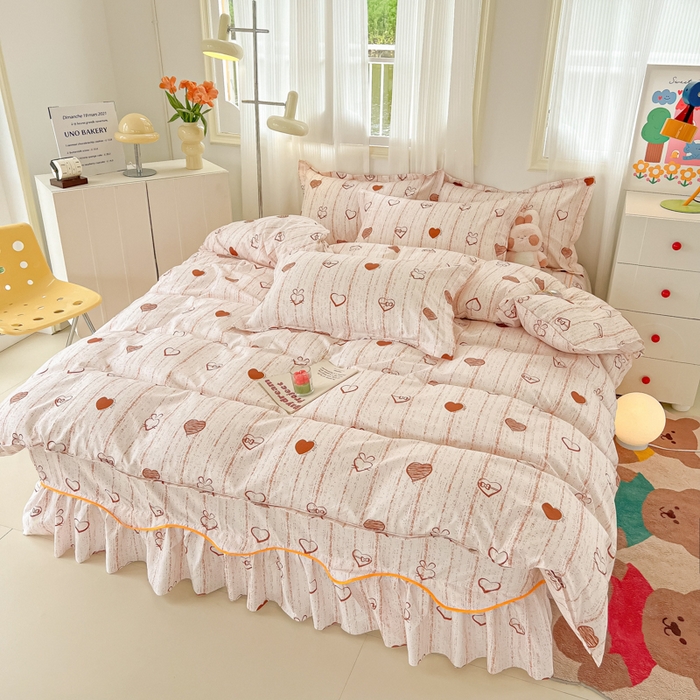 91家纺网 家纺一手货源 找家纺 笠裙家纺 2025新款A类水洗棉韩版S边花边印花床裙四件套 爱心蝴蝶结