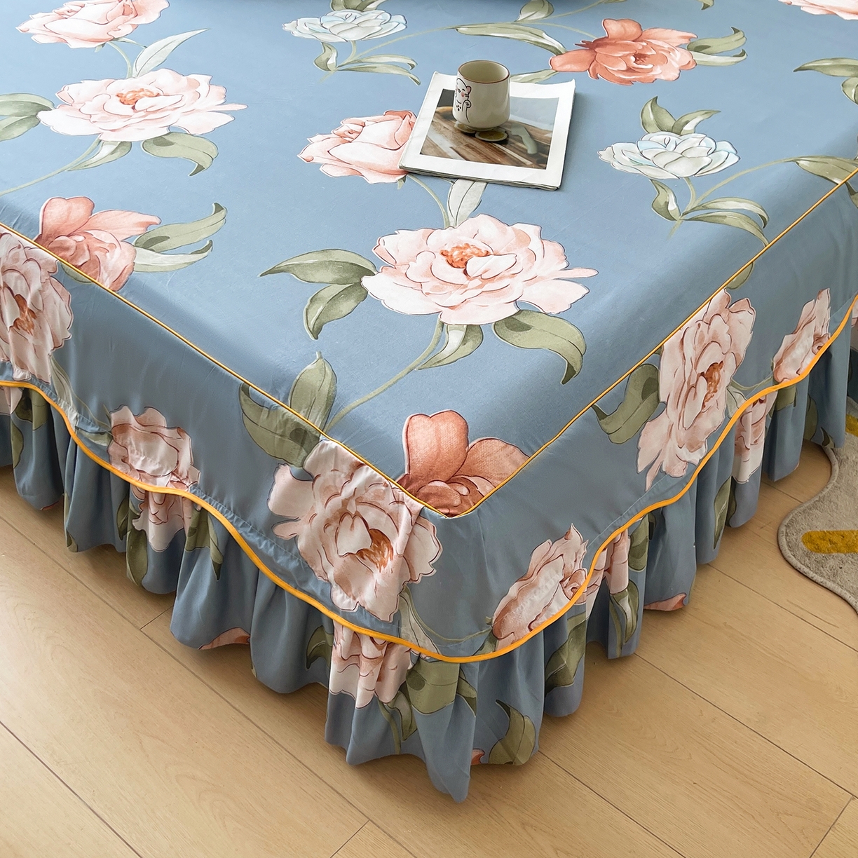 91家纺网 家纺一手货源 找家纺 笠裙家纺 2025新款A类水洗棉韩版S边花边印花床裙四件套 婉华