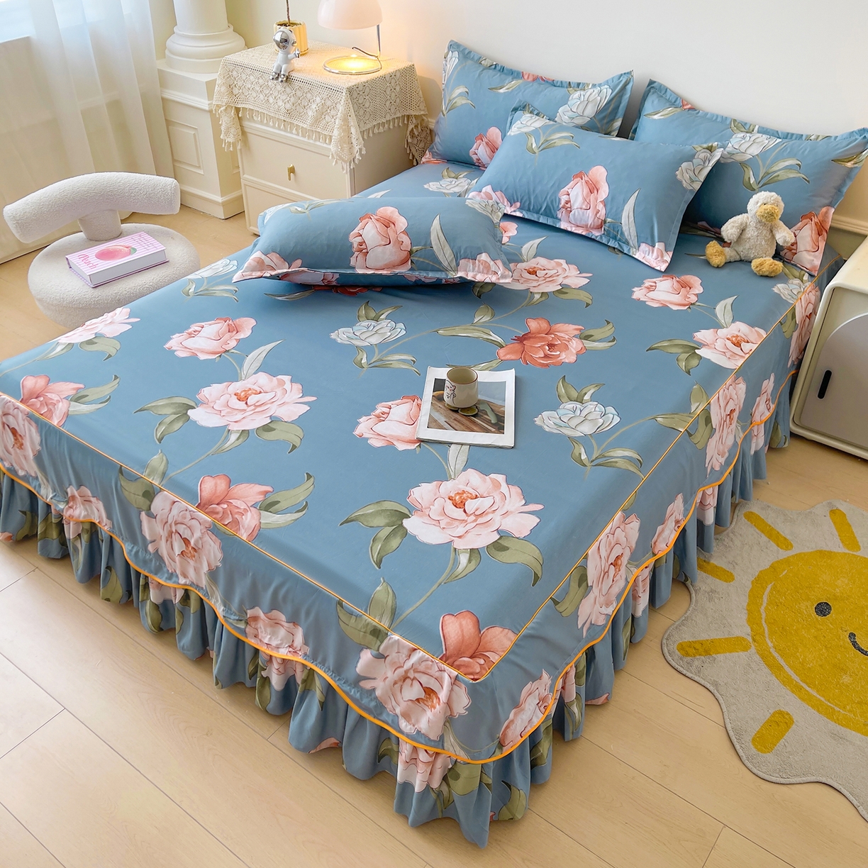 91家纺网 家纺一手货源 找家纺 笠裙家纺 2025新款A类水洗棉韩版S边花边印花床裙四件套 婉华