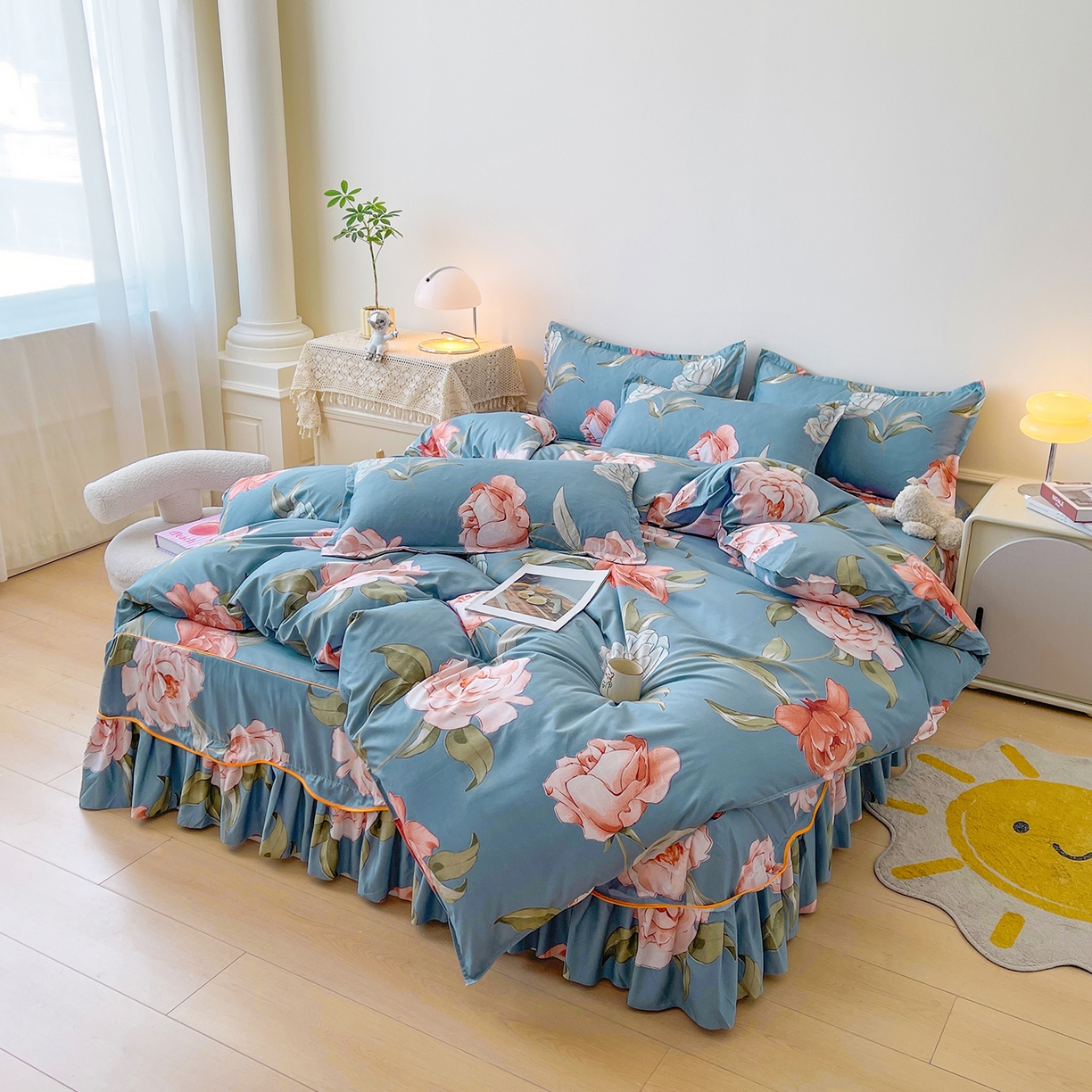 91家纺网 家纺一手货源 找家纺 笠裙家纺 2025新款A类水洗棉韩版S边花边印花床裙四件套 婉华