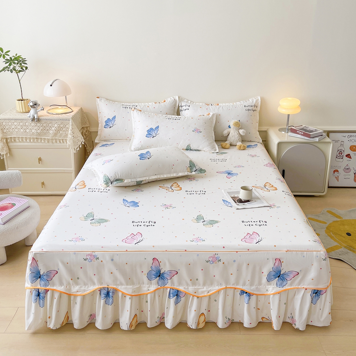 91家纺网 家纺一手货源 找家纺 笠裙家纺 2025新款A类水洗棉韩版S边花边印花床裙四件套 比翼