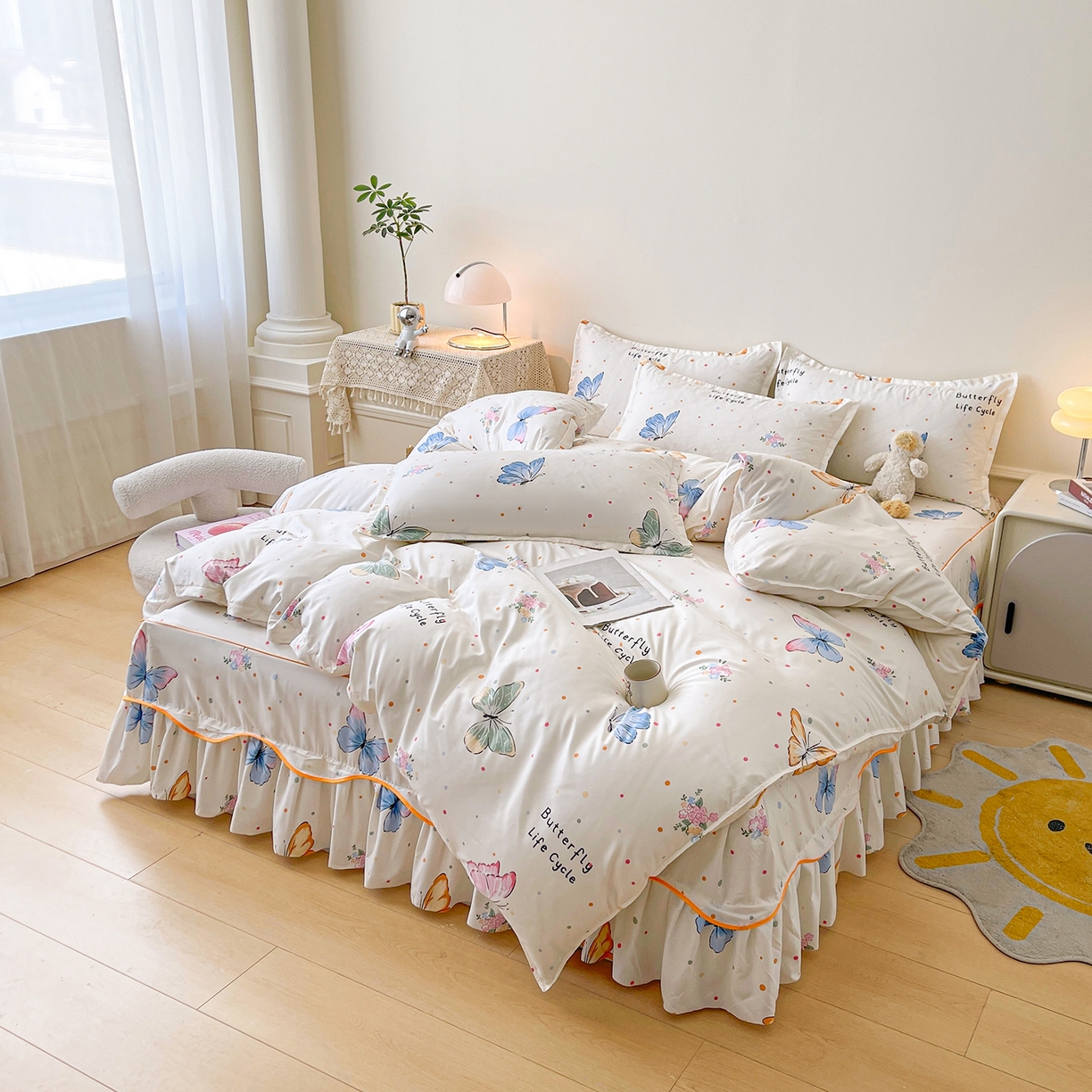 91家纺网 家纺一手货源 找家纺 笠裙家纺 2025新款A类水洗棉韩版S边花边印花床裙四件套 比翼