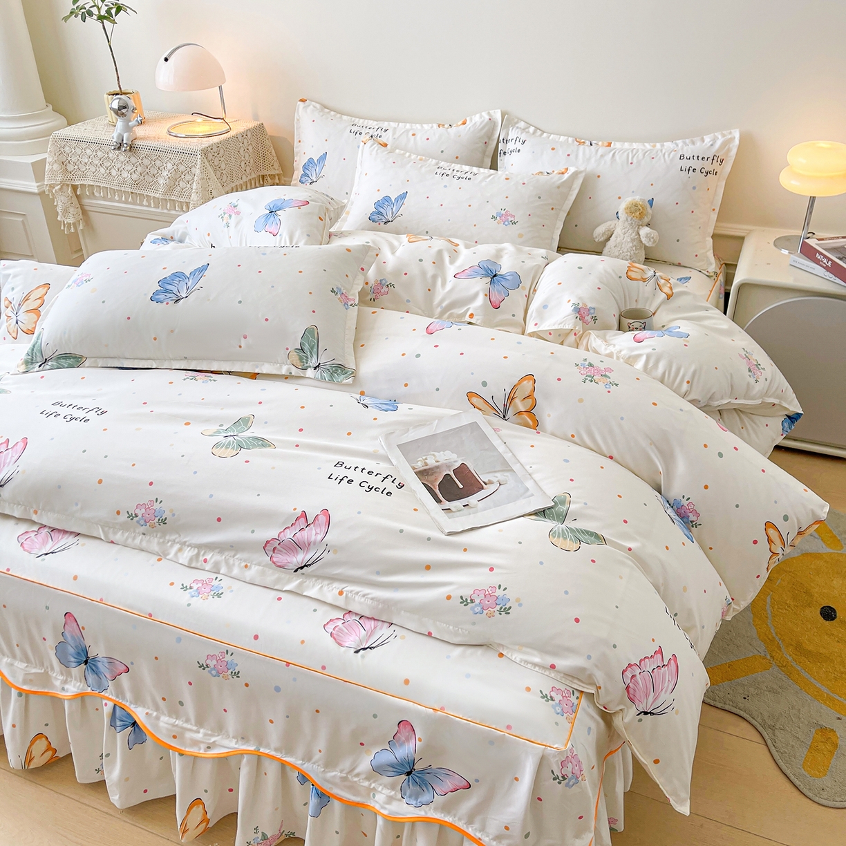 91家纺网 家纺一手货源 找家纺 笠裙家纺 2025新款A类水洗棉韩版S边花边印花床裙四件套 比翼