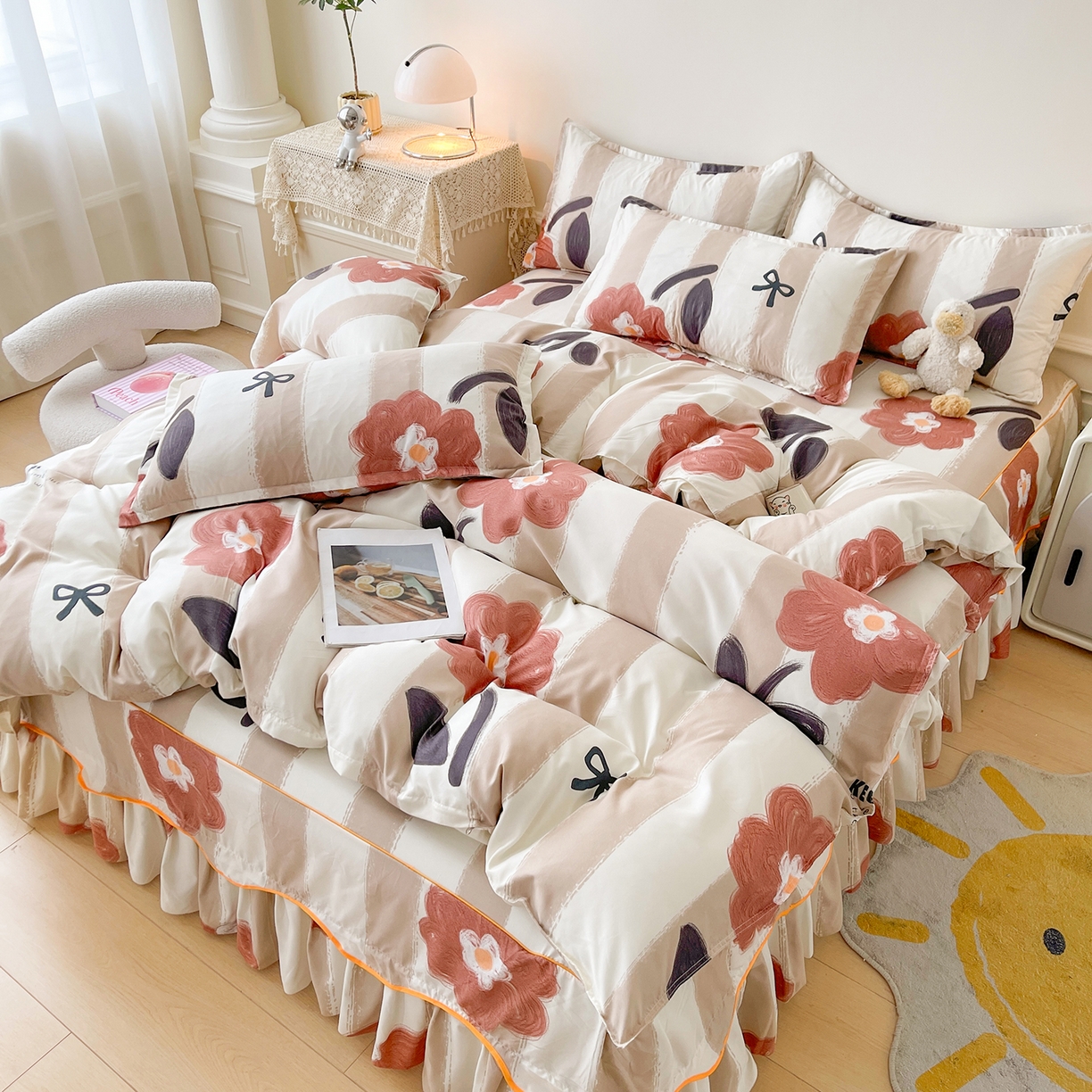 91家纺网 家纺一手货源 找家纺 笠裙家纺 2025新款A类水洗棉韩版S边花边印花床裙四件套 宠爱