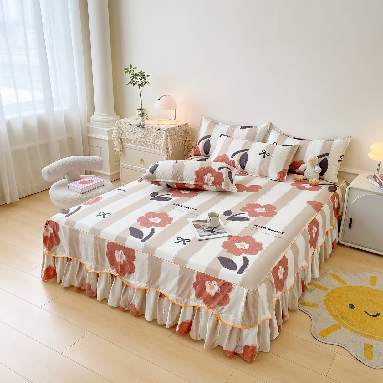 91家纺网 家纺一手货源 找家纺 笠裙家纺 2025新款A类水洗棉韩版S边花边印花床裙四件套 宠爱