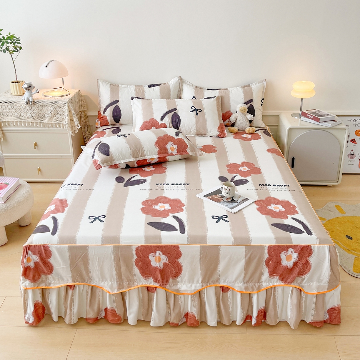 91家纺网 家纺一手货源 找家纺 笠裙家纺 2025新款A类水洗棉韩版S边花边印花床裙四件套 宠爱