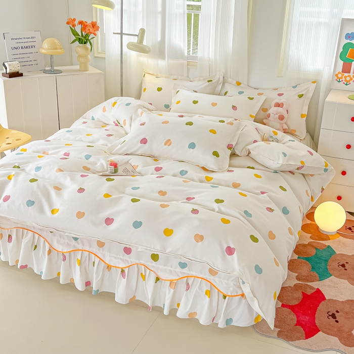 91家纺网 家纺一手货源 找家纺 笠裙家纺 2025新款A类水洗棉韩版S边花边印花床裙四件套 纯爱