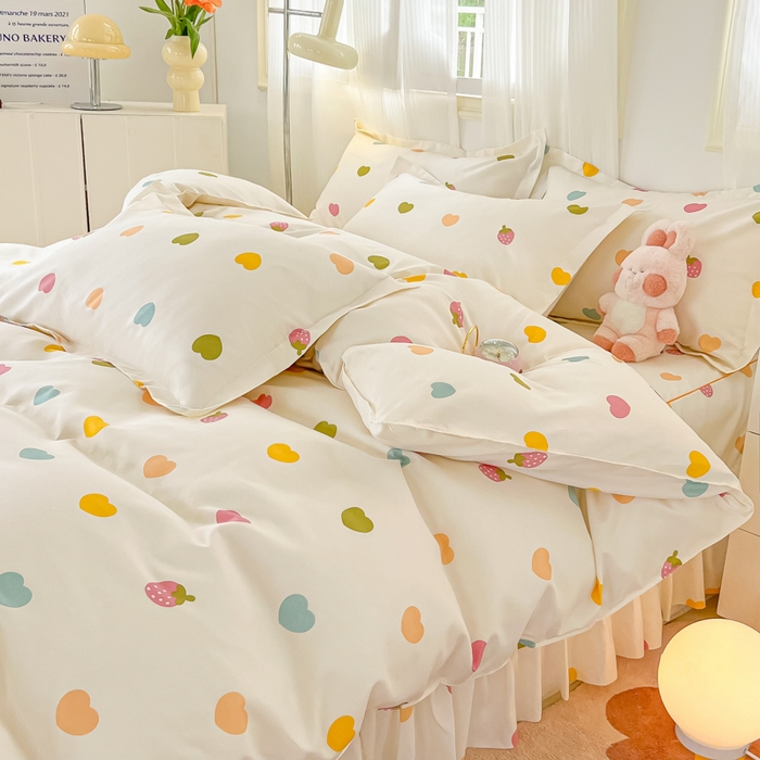 91家纺网 家纺一手货源 找家纺 笠裙家纺 2025新款A类水洗棉韩版S边花边印花床裙四件套 纯爱