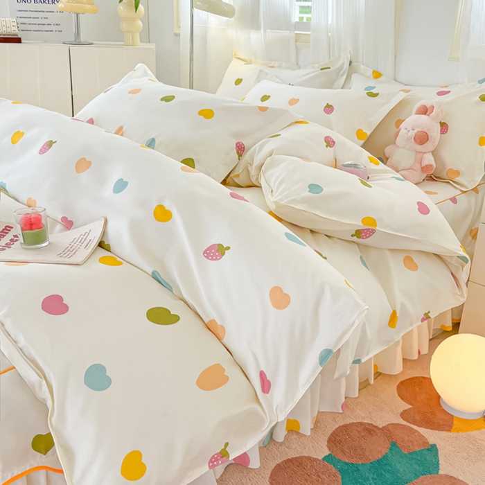 91家纺网 家纺一手货源 找家纺 笠裙家纺 2025新款A类水洗棉韩版S边花边印花床裙四件套 纯爱