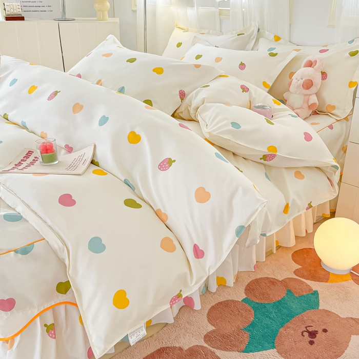 91家纺网 家纺一手货源 找家纺 笠裙家纺 2025新款A类水洗棉韩版S边花边印花床裙四件套 纯爱