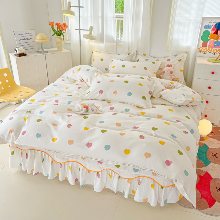 91家纺网 家纺一手货源 找家纺 笠裙家纺 2025新款A类水洗棉韩版S边花边印花床裙四件套 纯爱