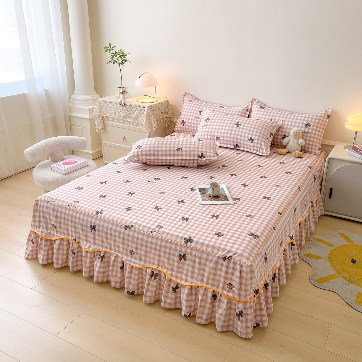 91家纺网 家纺一手货源 找家纺 笠裙家纺 2025新款A类水洗棉韩版S边花边印花床裙四件套 蝶恋