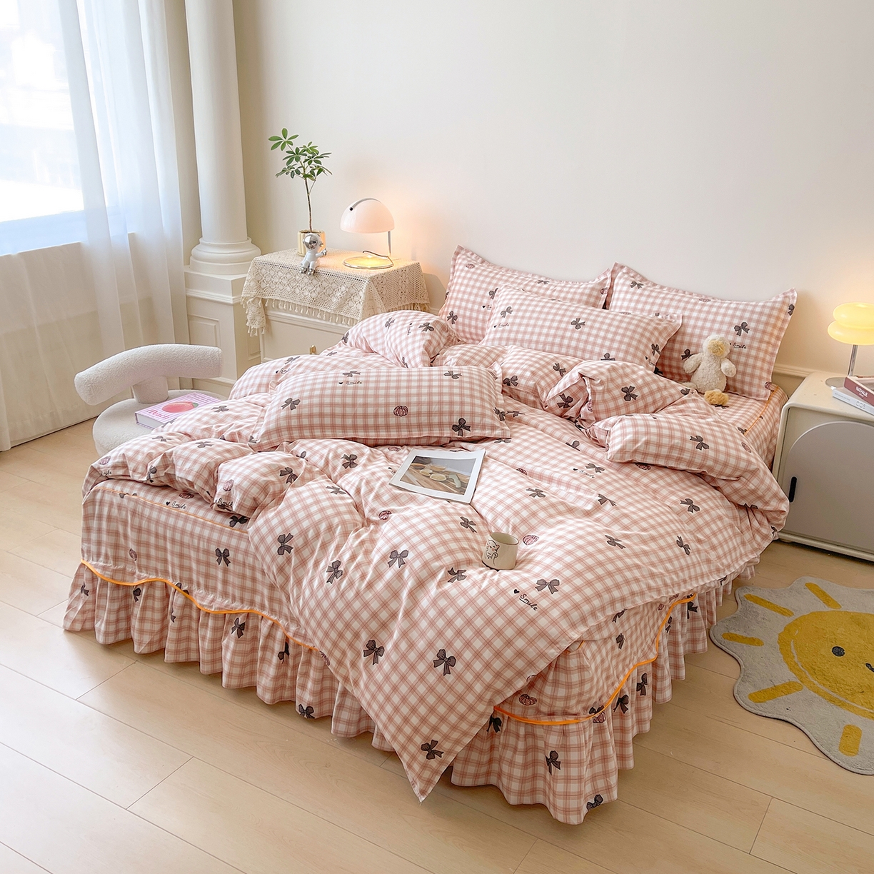 91家纺网 家纺一手货源 找家纺 笠裙家纺 2025新款A类水洗棉韩版S边花边印花床裙四件套 蝶恋