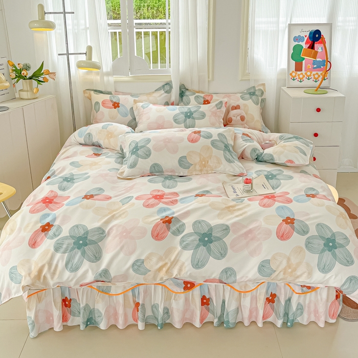 91家纺网 家纺一手货源 找家纺 笠裙家纺 2025新款A类水洗棉韩版S边花边印花床裙四件套 多彩生活